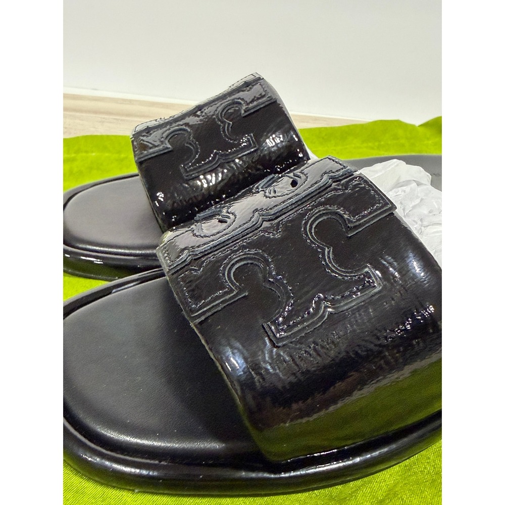 Tory Burch Double T Sport Slide Patent Black Sandals Size US 8 New in Box 141380
